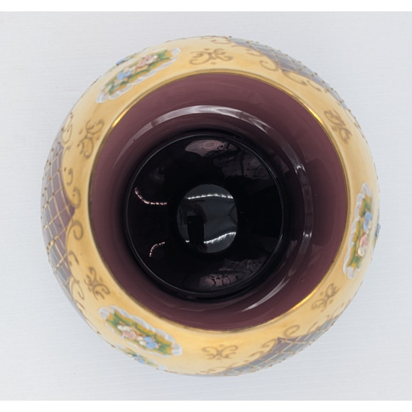 Large Bohemian Glass Bowl Purple Amethyst Gold Gilt Enameled Applied Flowers 7" - Picture 7 of 13